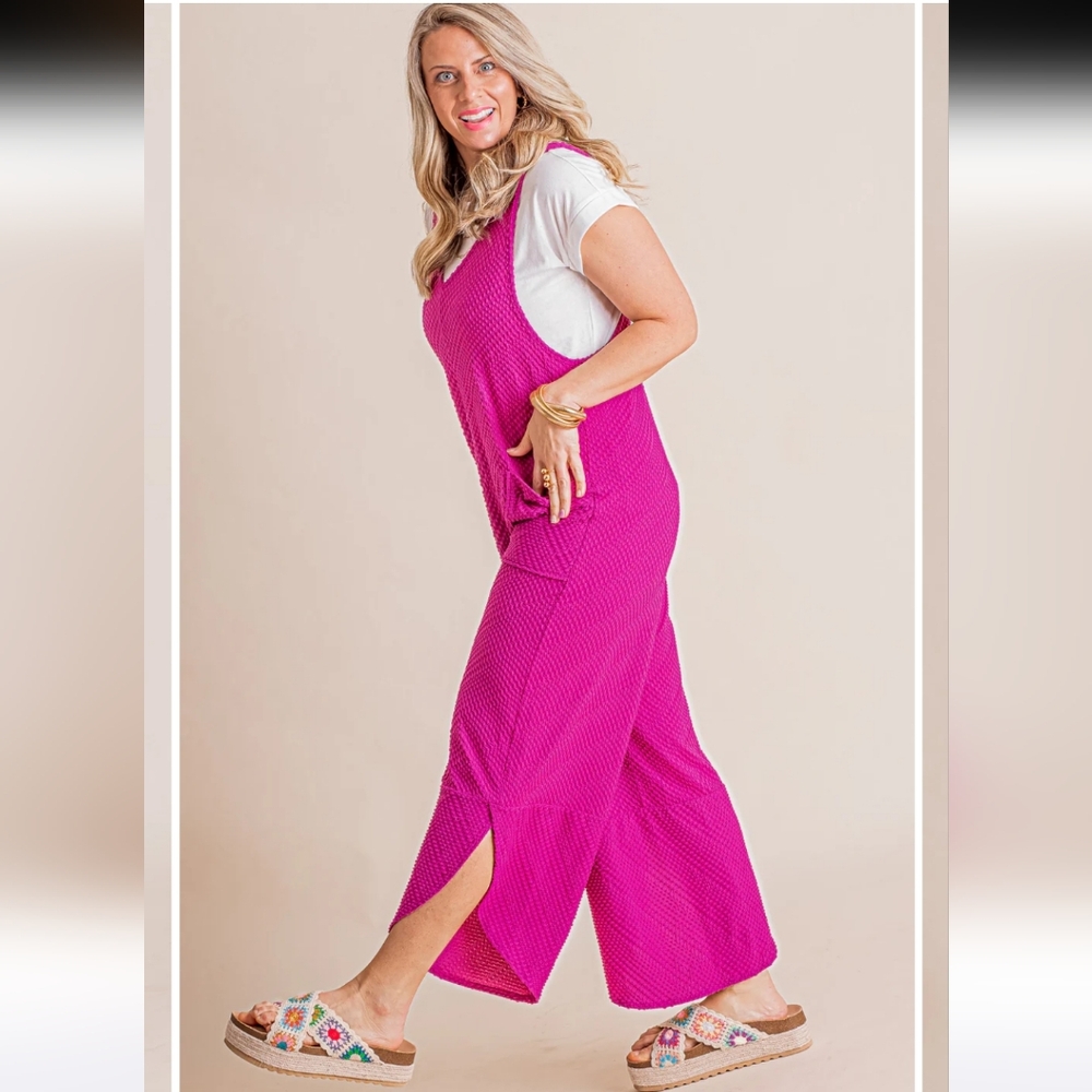 Ces Femme Waffle Textured Knit Jumpsuit in Magenta - L - Picture 2 of 7